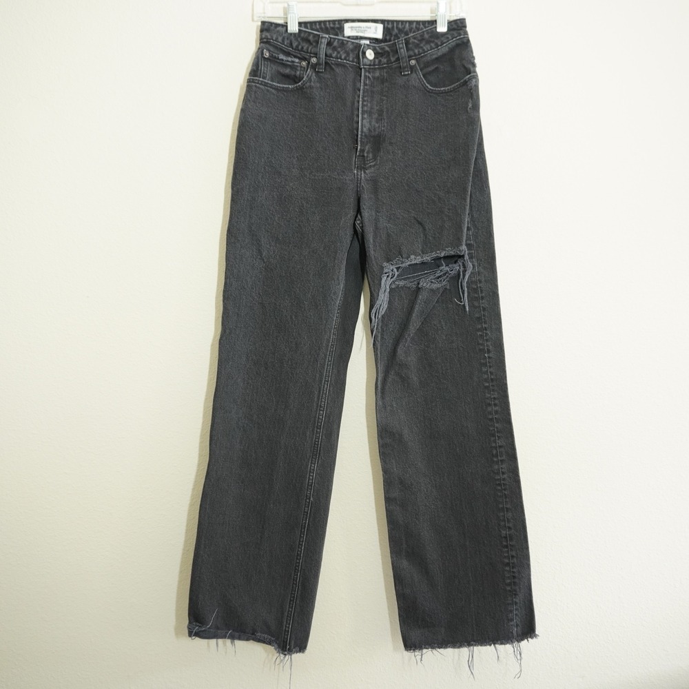 Abercrombie Women's 27/4R Black Jeans 90s Relaxed Curve Love Distressed Raw Hem